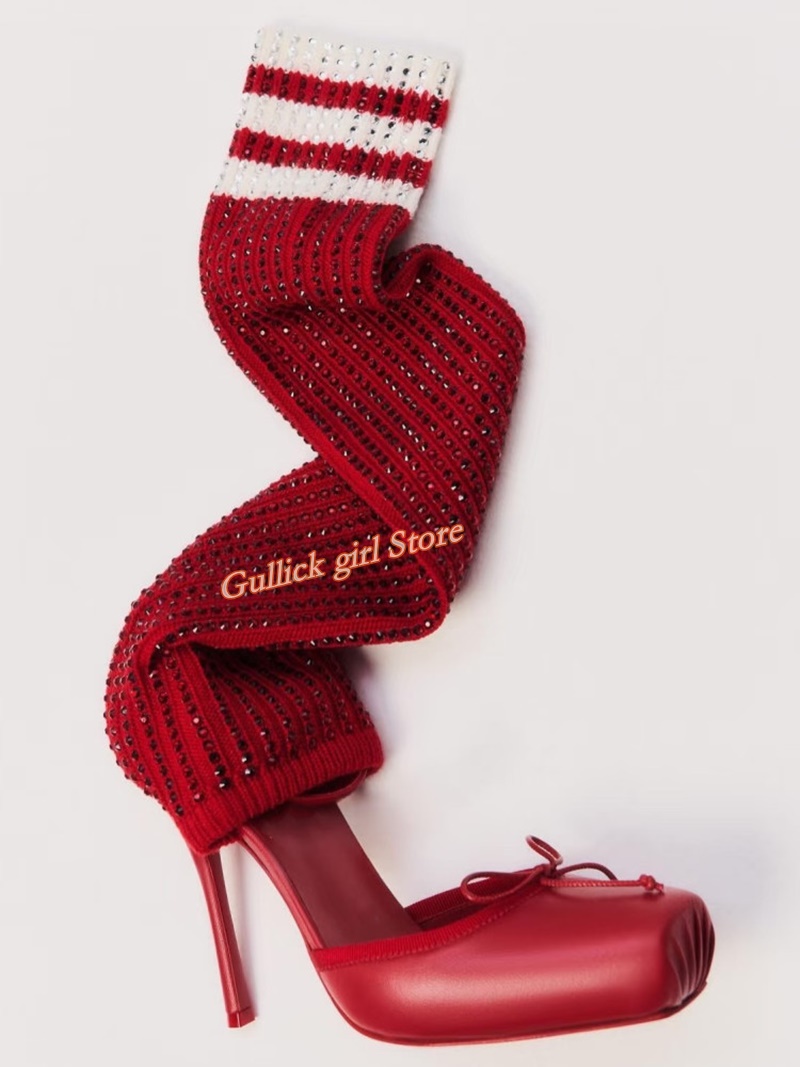 Red Knit Square Toe Boots Cut  - مراجعة Knee High Sock Women وسعره