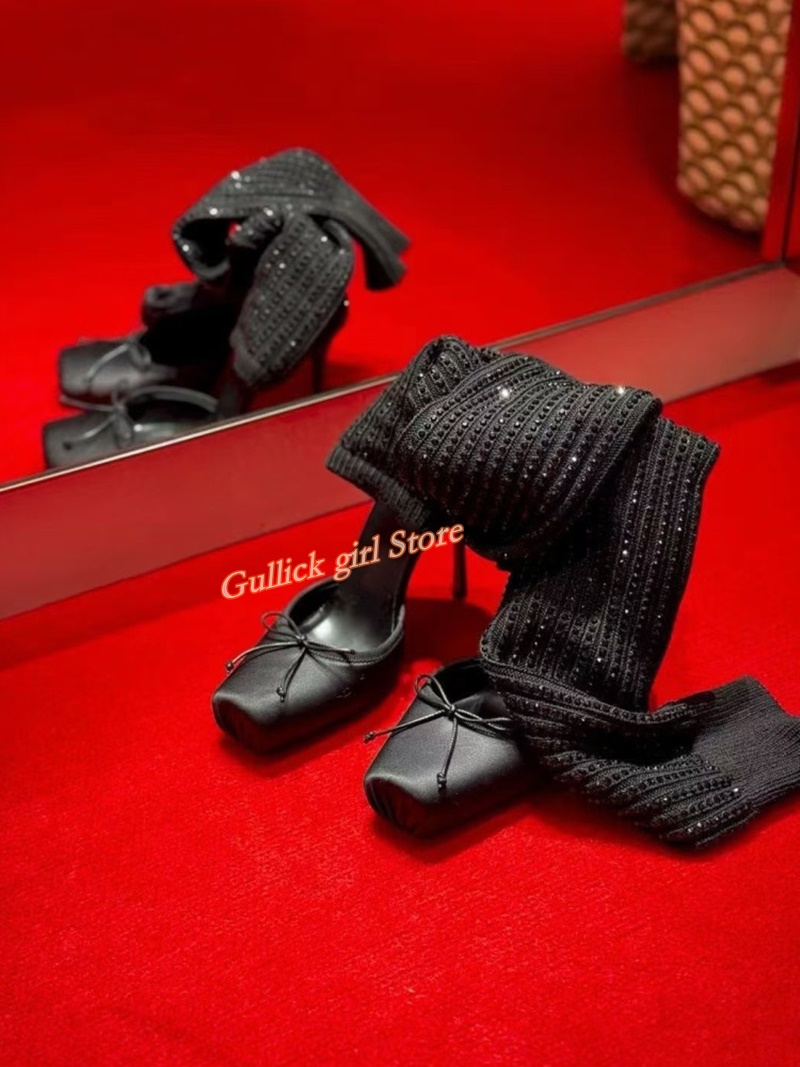 Red Knit Square Toe Boots Cut  - مراجعة Knee High Sock Women وسعره